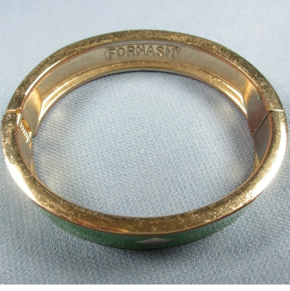 Fornash Gold Tone Green Enamel Hinged Bracelet 6.5 inch